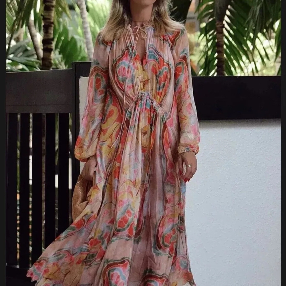 ZARA WOMAN ASYMMETRIC HEM BALLOON ZW COLLECTION PRINElegant Floral Chiffon Dress